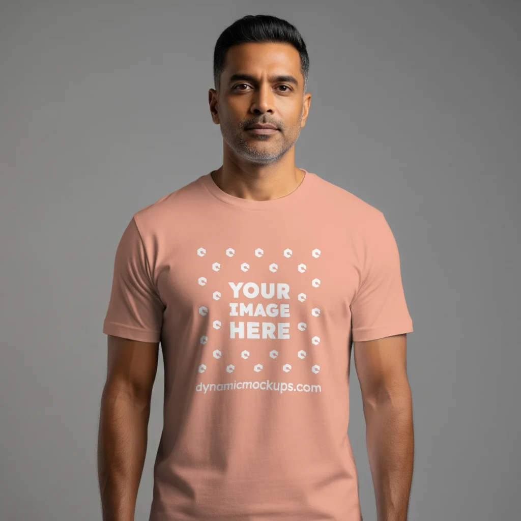 Man Wearing Peach T-shirt Mockup Front View Template