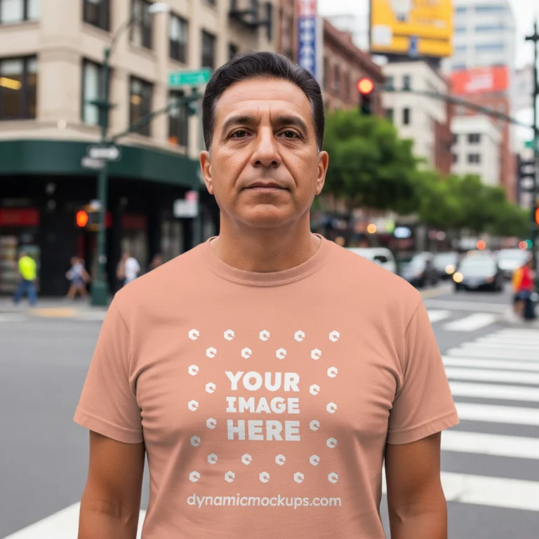 Man Wearing Peach T-shirt Mockup Front View Template