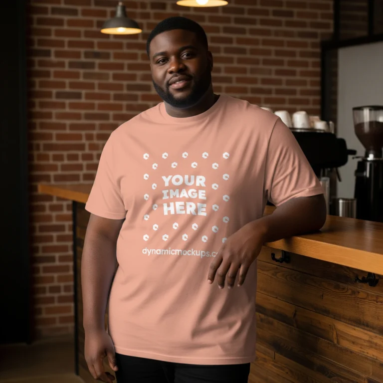 Man Wearing Peach T-shirt Mockup Front View Template