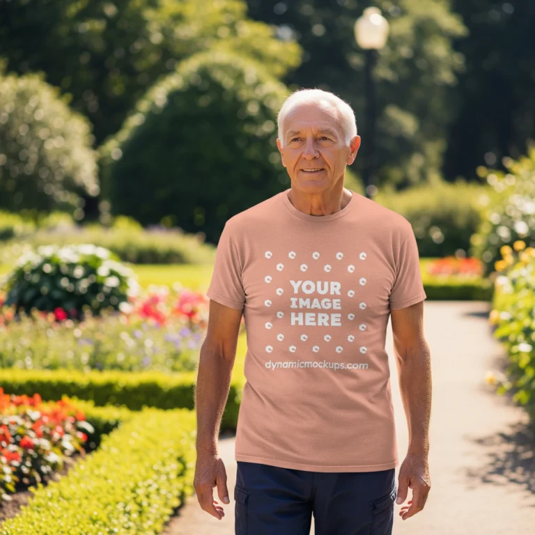 Man Wearing Peach T-shirt Mockup Front View Template