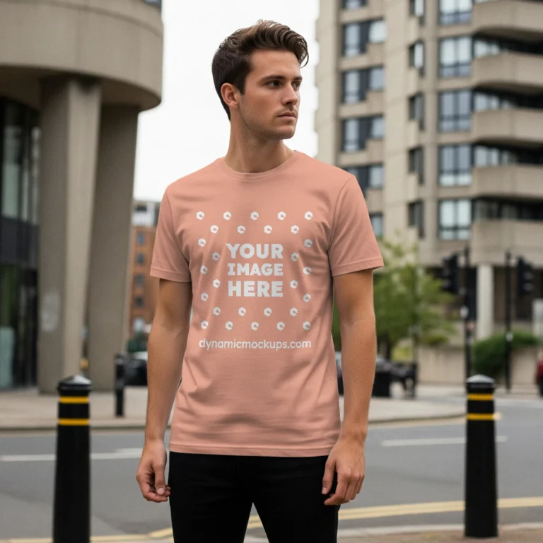 Man Wearing Peach T-shirt Mockup Front View Template