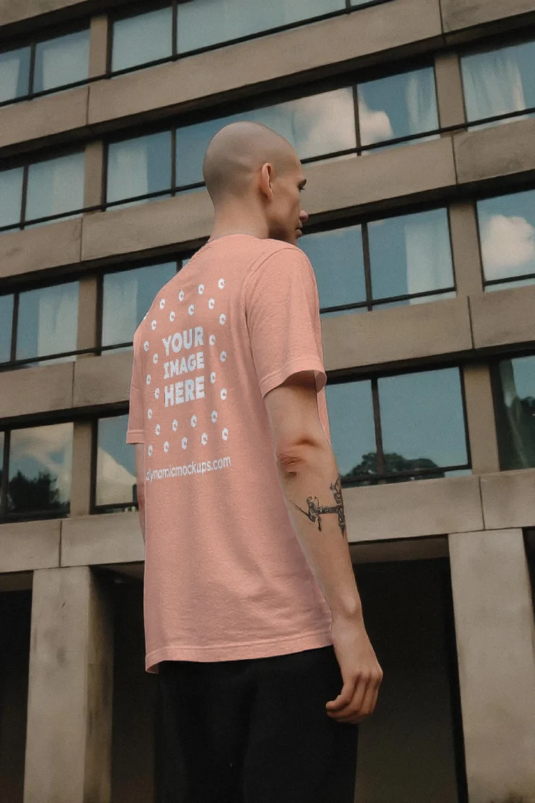 Man Wearing Peach T-shirt Mockup Side View Template