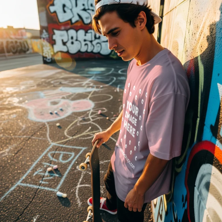 Man Wearing Pink T-shirt Mockup Front View Template