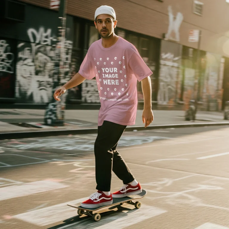 Man Wearing Pink T-shirt Mockup Front View Template