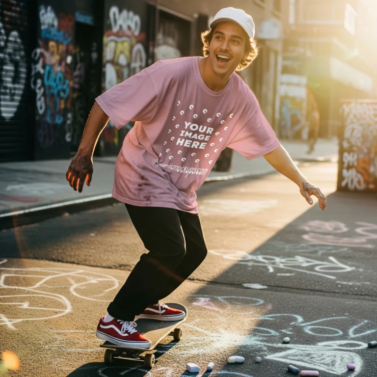 Man Wearing Pink T-shirt Mockup Front View Template