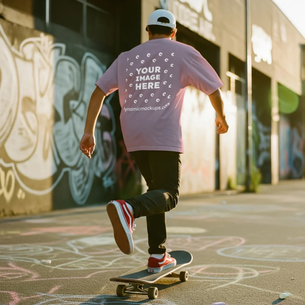 Man Wearing Pink T-shirt Mockup Back View Template