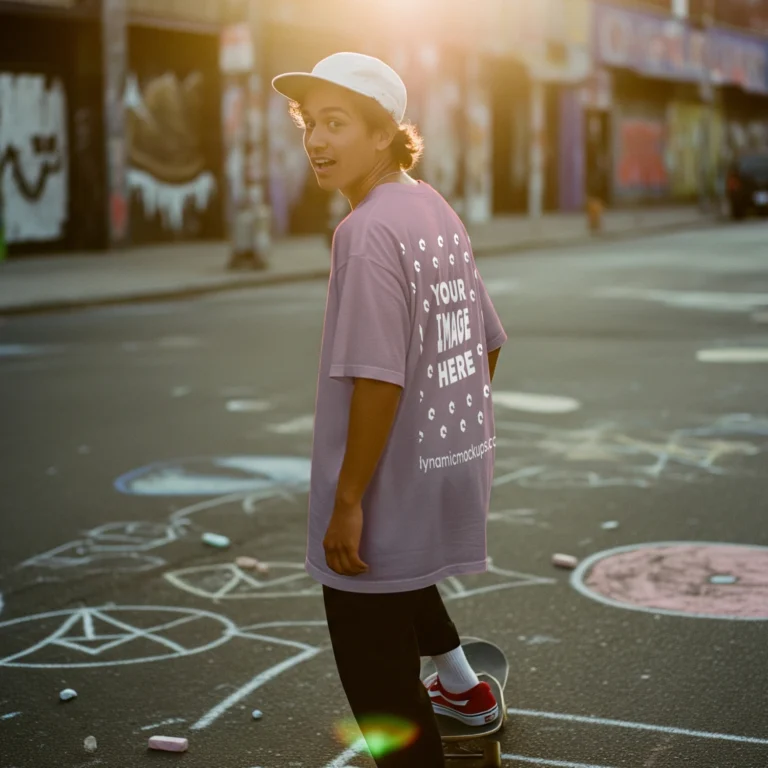 Man Wearing Pink T-shirt Mockup Back View Template