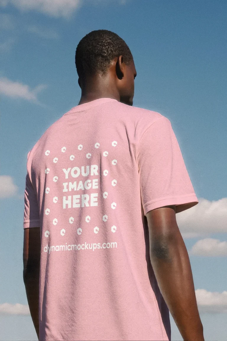Man Wearing Pink T-shirt Mockup Back View Template