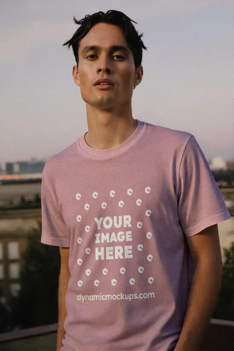Man Wearing Pink T-shirt Mockup Front View Template