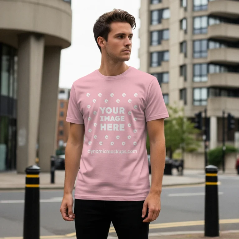 Man Wearing Pink T-shirt Mockup Front View Template