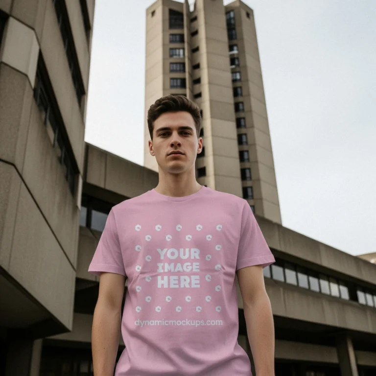 Man Wearing Pink T-shirt Mockup Front View Template