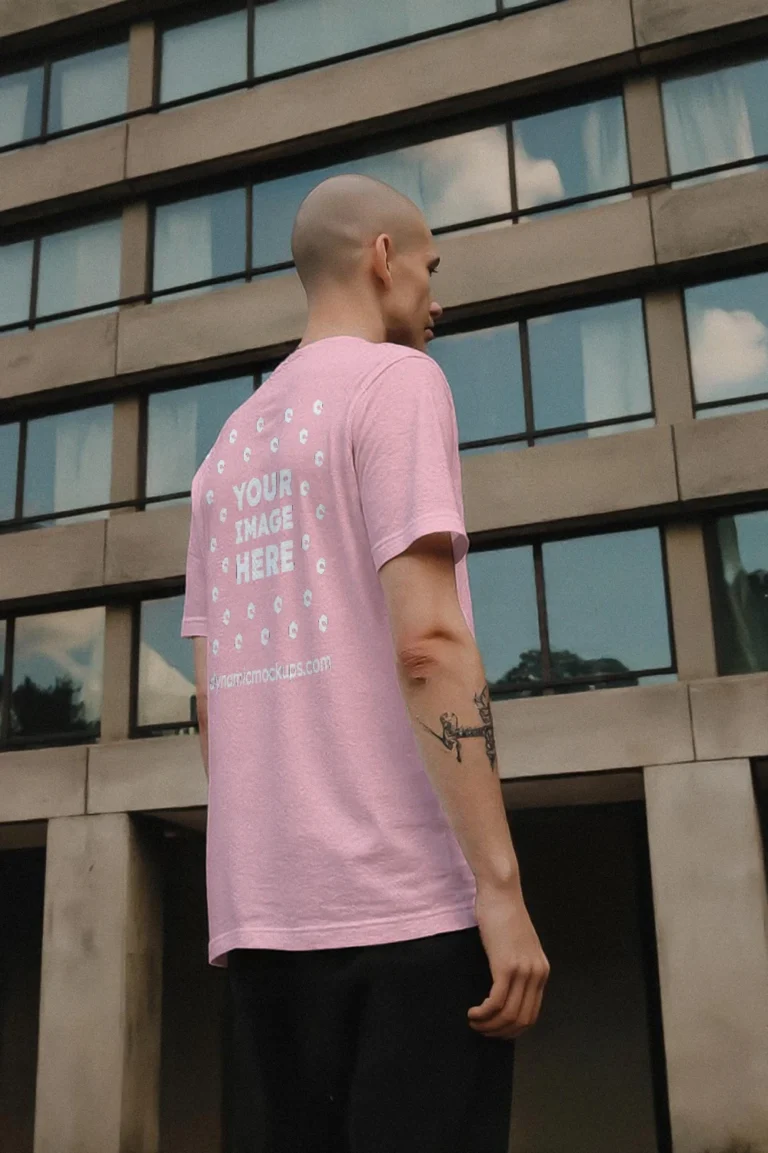 Man Wearing Pink T-shirt Mockup Side View Template