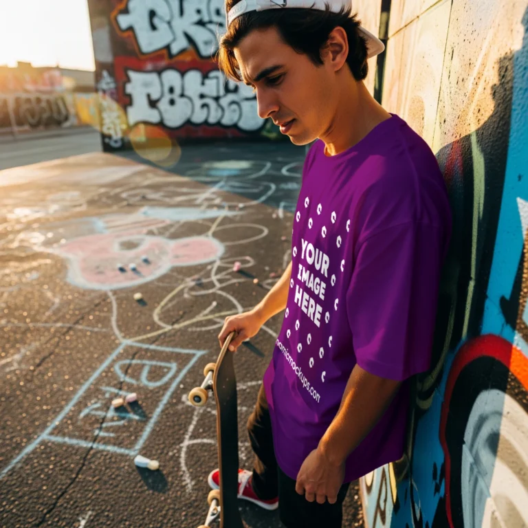Man Wearing Purple T-shirt Mockup Front View Template