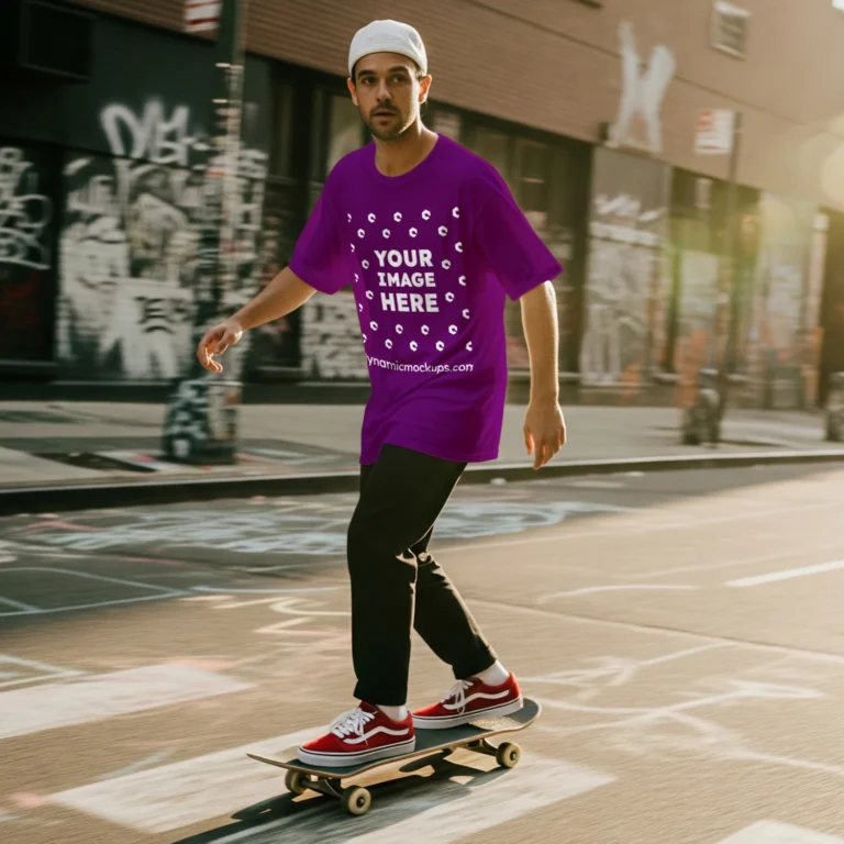Man Wearing Purple T-shirt Mockup Front View Template