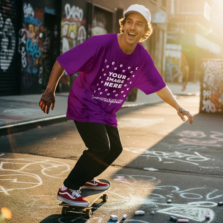 Man Wearing Purple T-shirt Mockup Front View Template