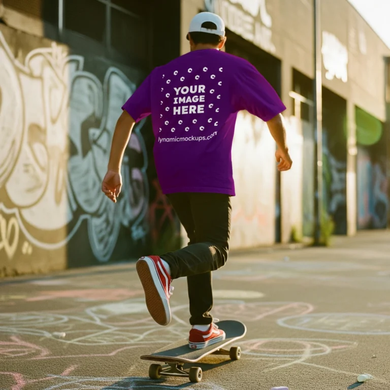Man Wearing Purple T-shirt Mockup Back View Template