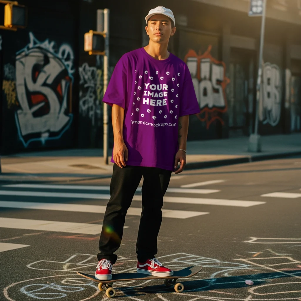 Man Wearing Purple T-shirt Mockup Front View Template