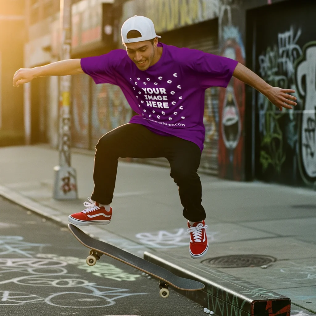 Man Wearing Purple T-shirt Mockup Front View Template