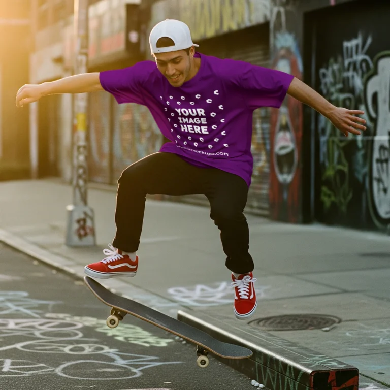 Man Wearing Purple T-shirt Mockup Front View Template