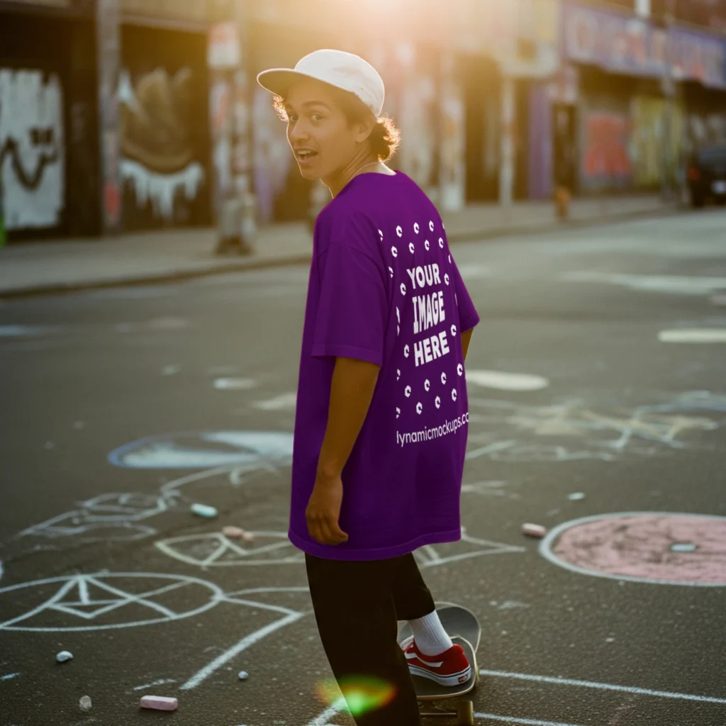 Man Wearing Purple T-shirt Mockup Back View Template