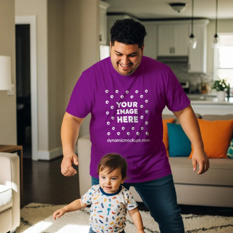 Man Wearing Purple T-shirt Mockup Front View Template