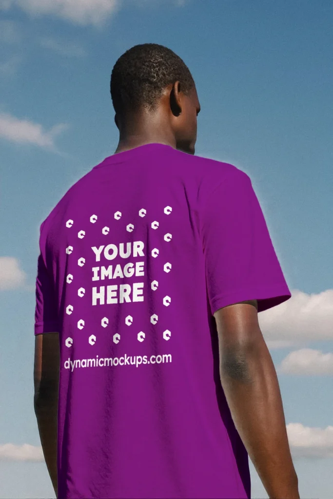 Man Wearing Purple T-shirt Mockup Back View Template