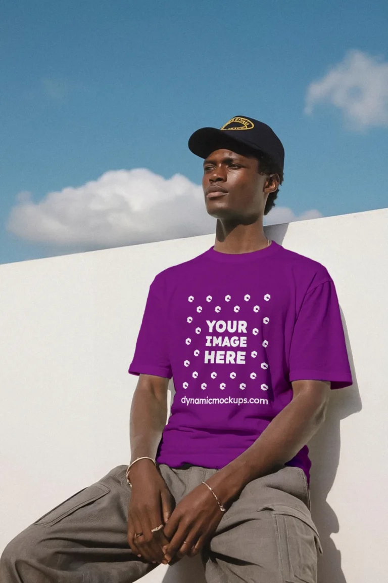 Man Wearing Purple T-shirt Mockup Front View Template