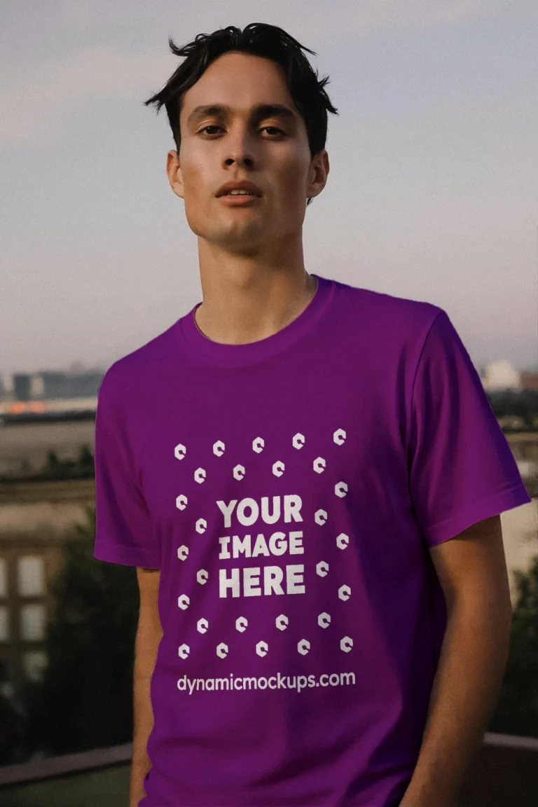 Man Wearing Purple T-shirt Mockup Front View Template