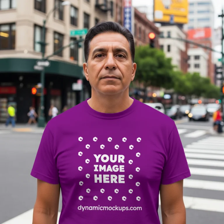 Man Wearing Purple T-shirt Mockup Front View Template