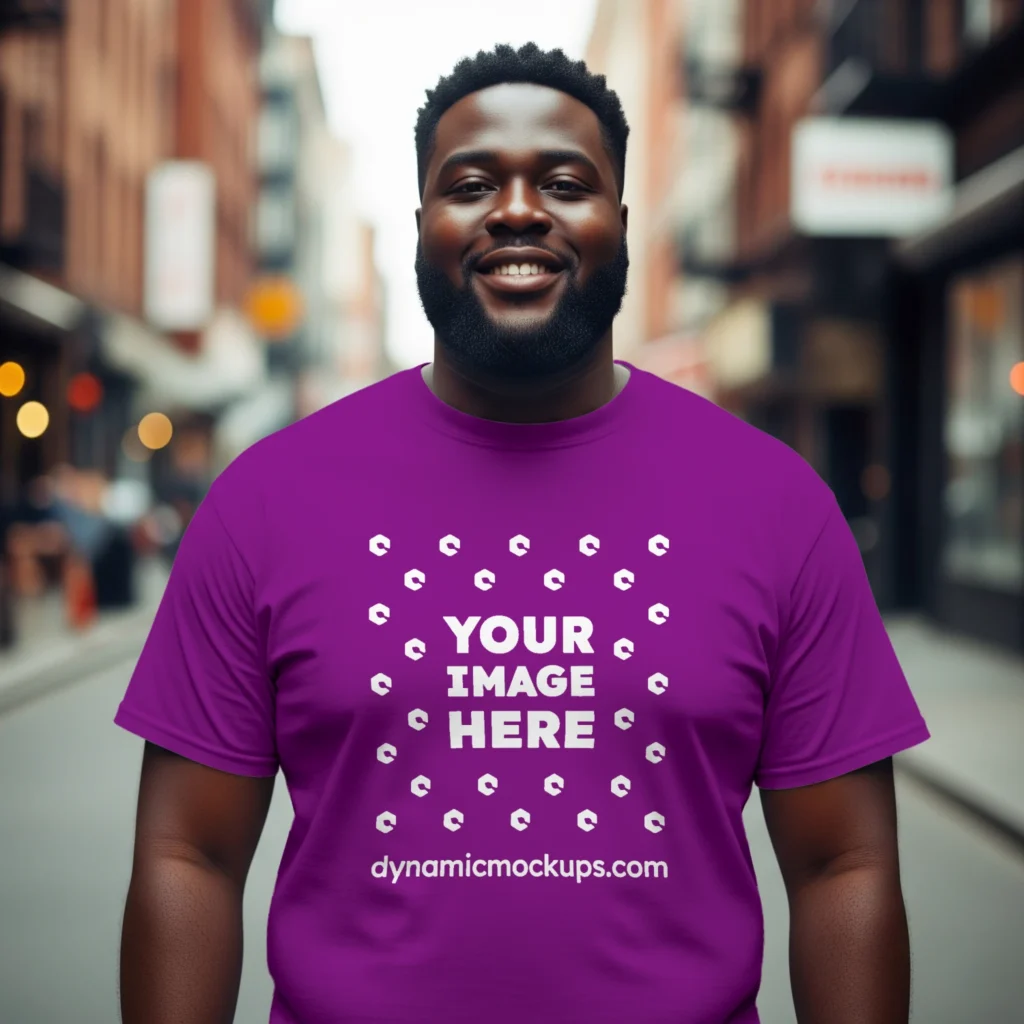 Man Wearing Purple T-shirt Mockup Front View Template