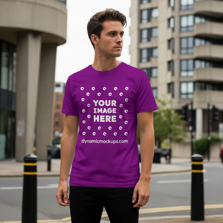 Man Wearing Purple T-shirt Mockup Front View Template