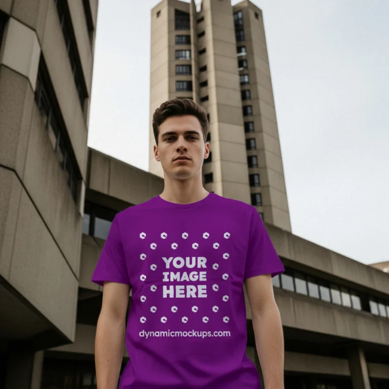 Man Wearing Purple T-shirt Mockup Front View Template