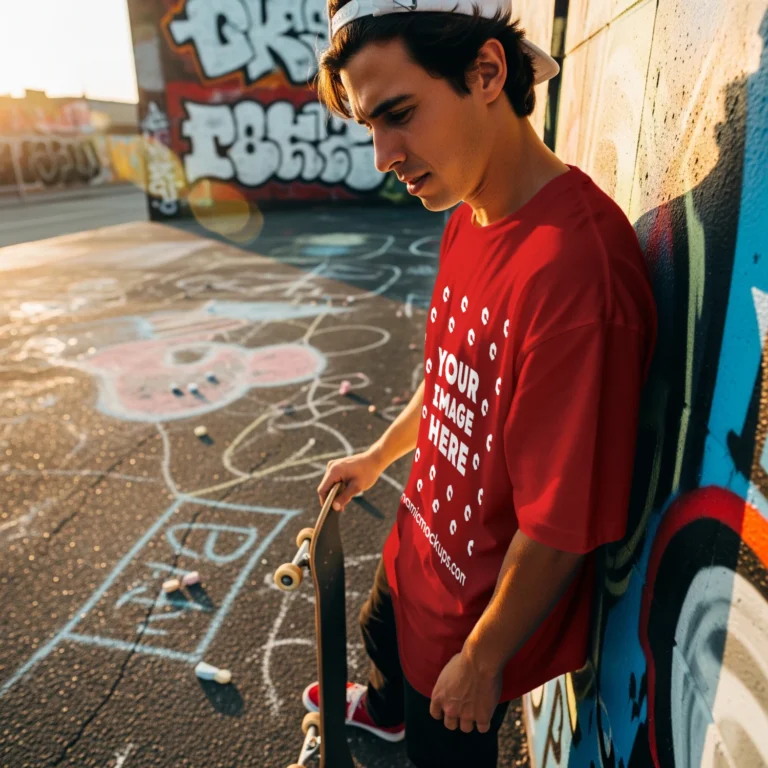 Man Wearing Red T-shirt Mockup Front View Template