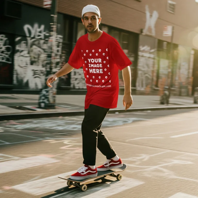 Man Wearing Red T-shirt Mockup Front View Template