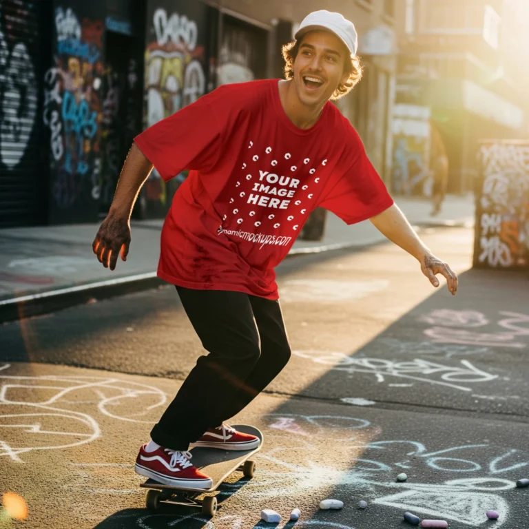 Man Wearing Red T-shirt Mockup Front View Template