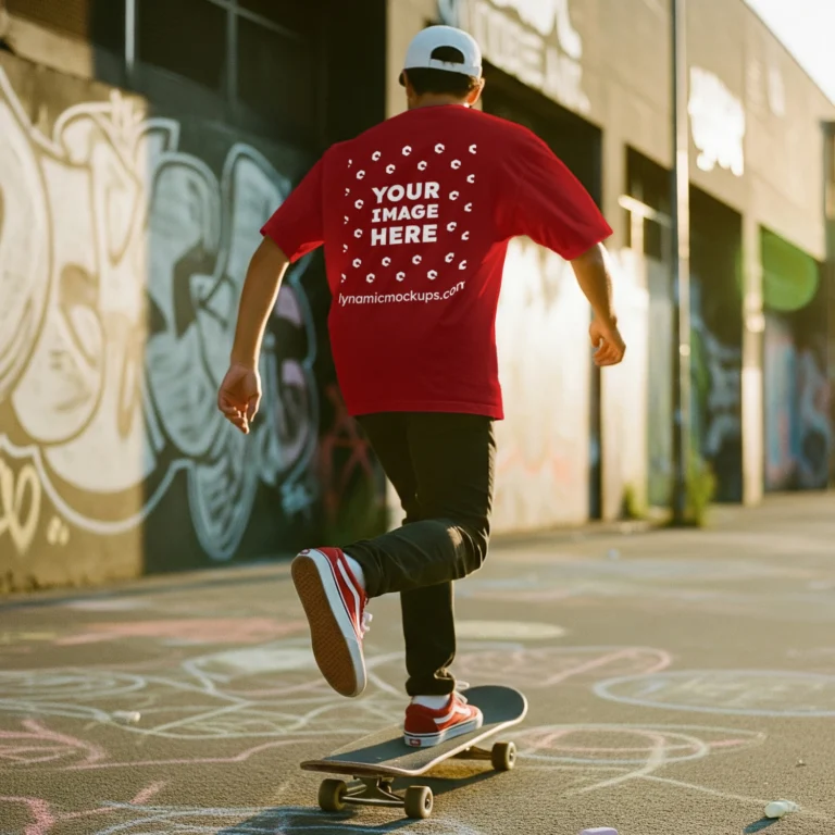 Man Wearing Red T-shirt Mockup Back View Template