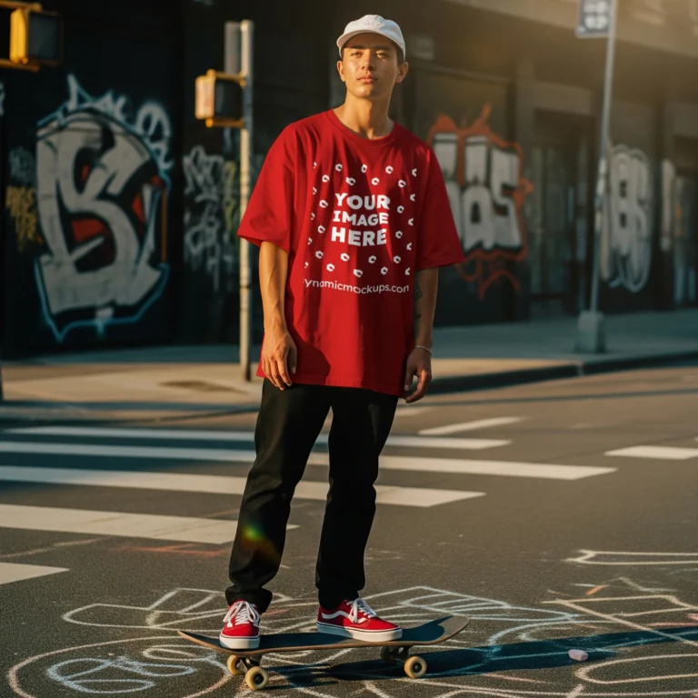Man Wearing Red T-shirt Mockup Front View Template