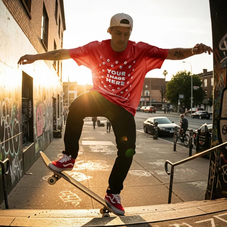 Man Wearing Red T-shirt Mockup Front View Template