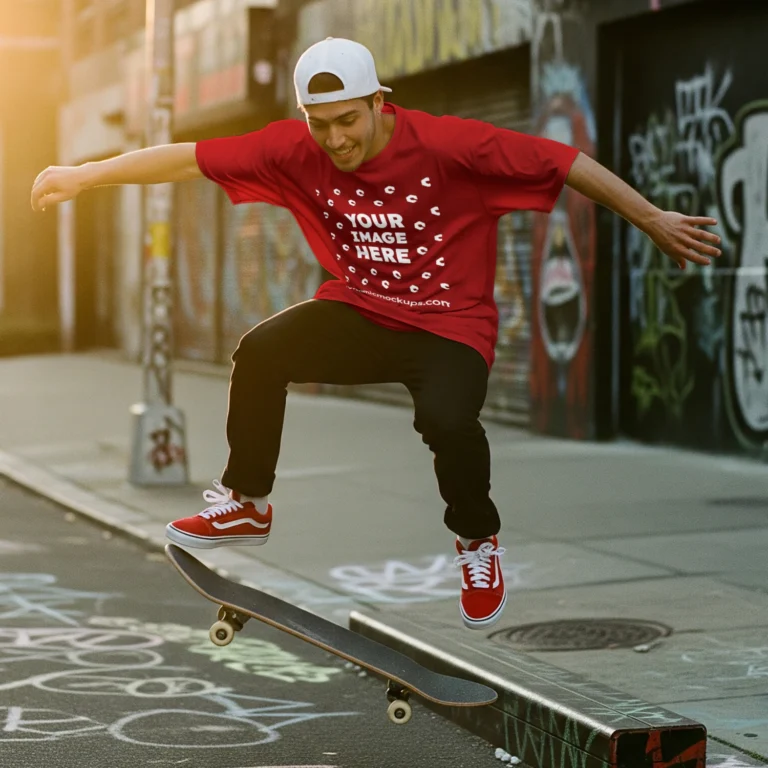 Man Wearing Red T-shirt Mockup Front View Template