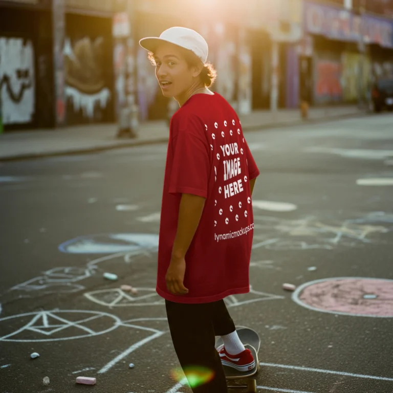Man Wearing Red T-shirt Mockup Back View Template
