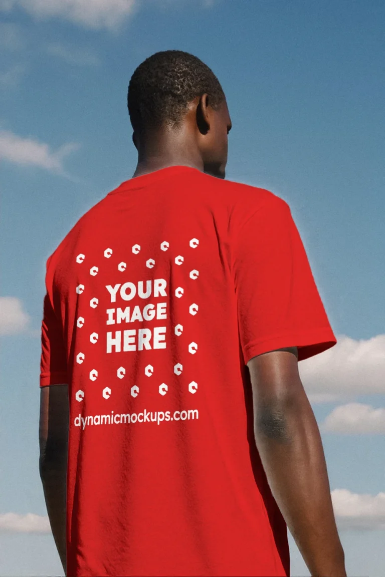 Man Wearing Red T-shirt Mockup Back View Template
