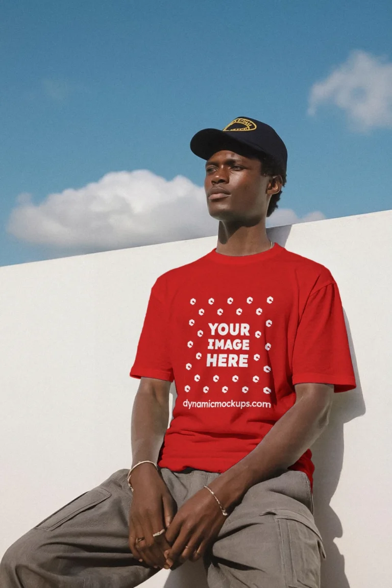 Man Wearing Red T-shirt Mockup Front View Template