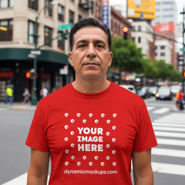 Man Wearing Red T-shirt Mockup Front View Template