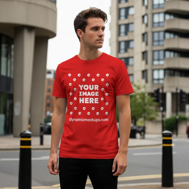Man Wearing Red T-shirt Mockup Front View Template