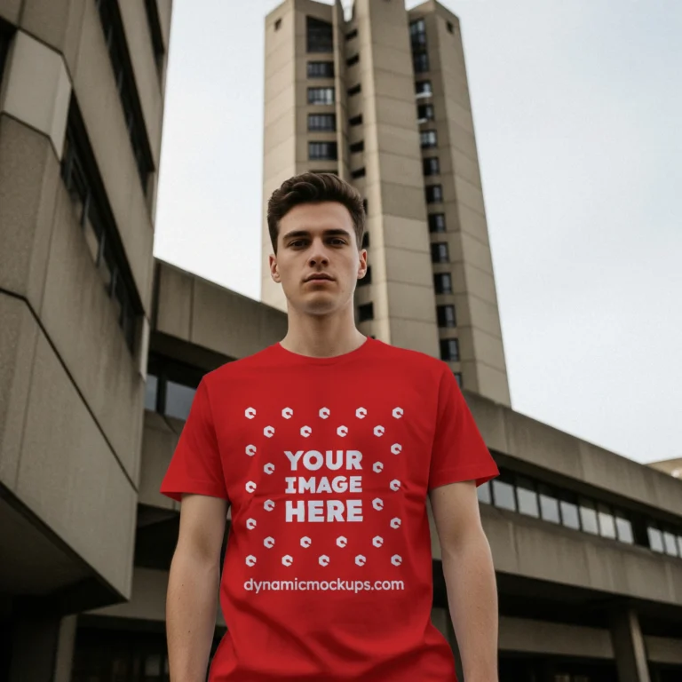 Man Wearing Red T-shirt Mockup Front View Template
