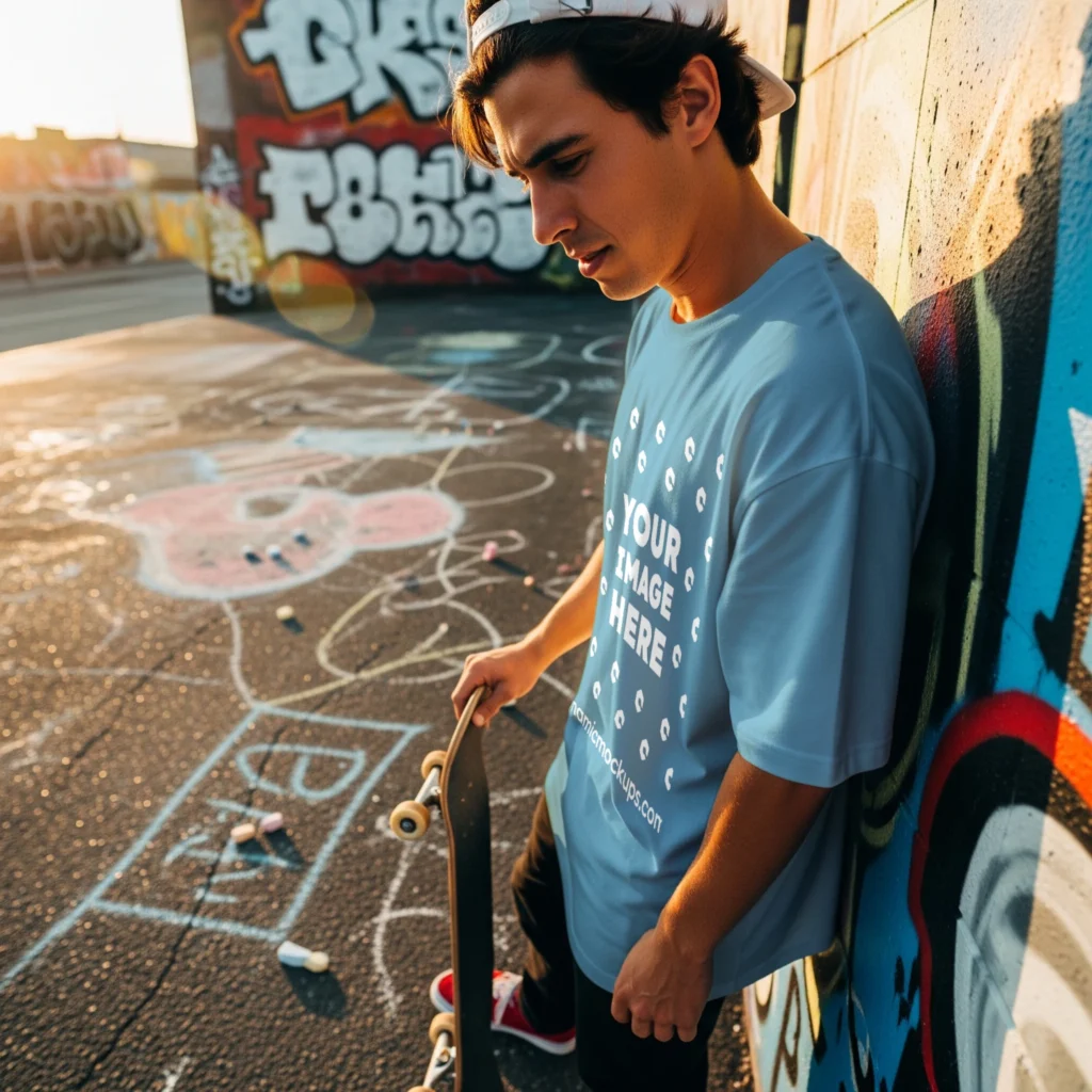 Man Wearing Sky Blue T-shirt Mockup Front View Template