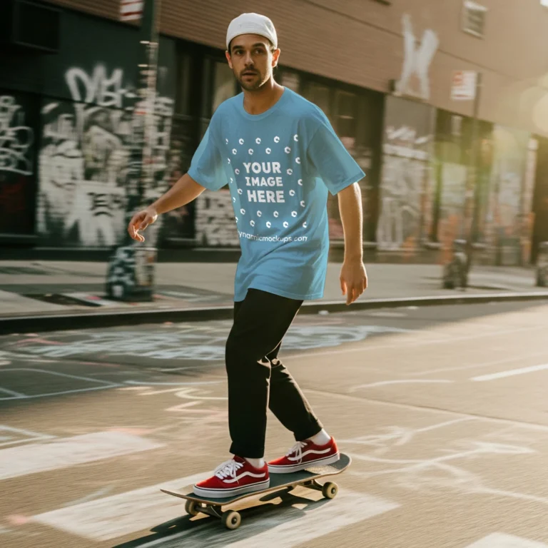 Man Wearing Sky Blue T-shirt Mockup Front View Template