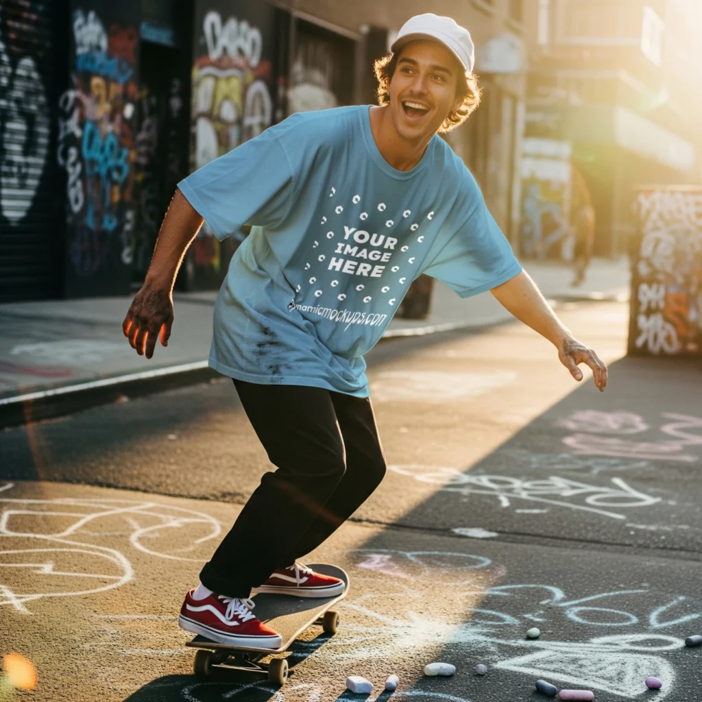 Man Wearing Sky Blue T-shirt Mockup Front View Template