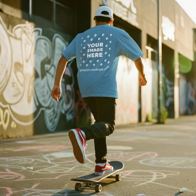 Man Wearing Sky Blue T-shirt Mockup Back View Template