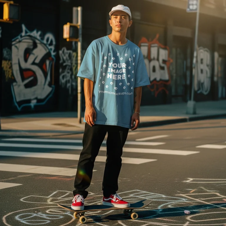Man Wearing Sky Blue T-shirt Mockup Front View Template
